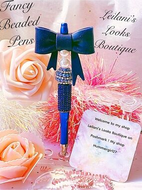 Blue Beaded Bow Pen/blue beads/pearls/